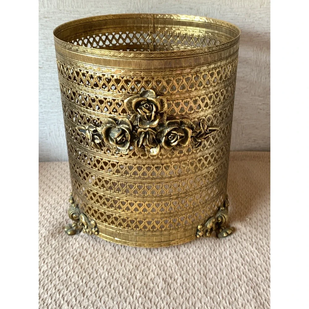 Vintage Hollywood Regency Gold Filigree Rose Wastebasket Ornate‎ Trash Can cover